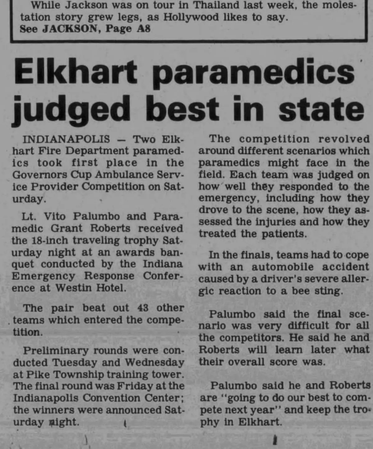 Elkhart paramedics judged best in state, The Elkhart Truth, August 29, 1993, page 1