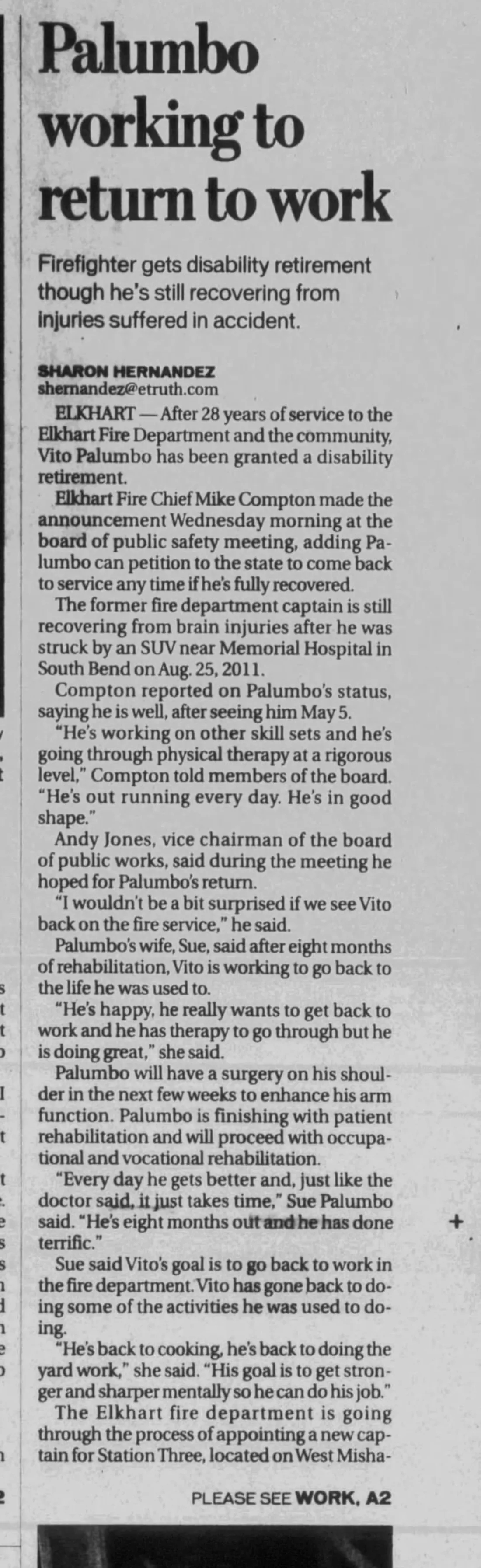Palumbo working to return to work, The Elkhart Truth, May 14, 2012, page 1